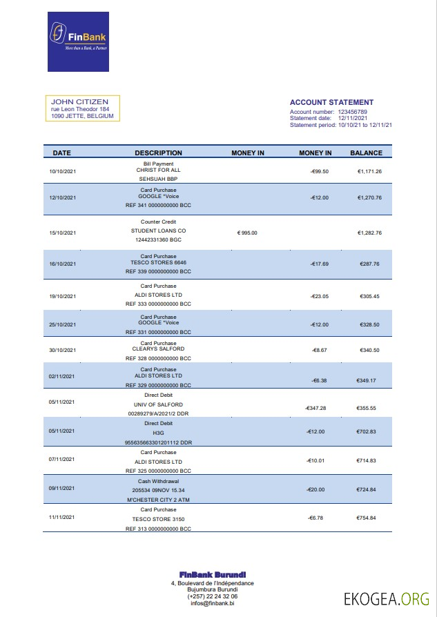 Relevé bancaire de la Finbank du Burundi